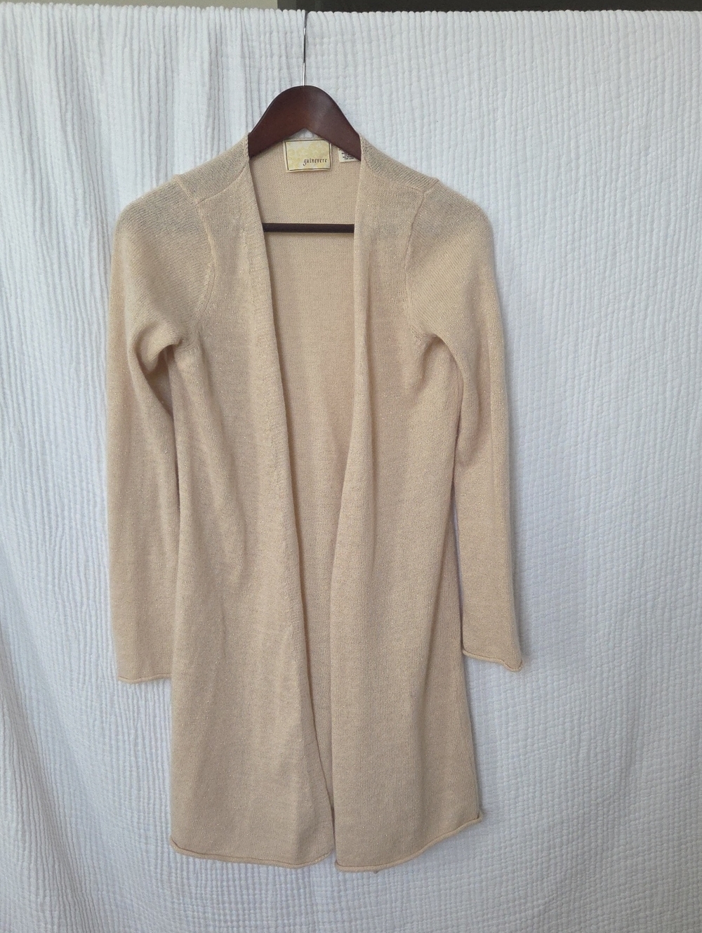 Anthropologie Guinevere Beige Open-Front Long Cardigan With Sparkle Detailing